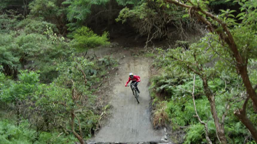 Person riding bike through woods jumps gap in path