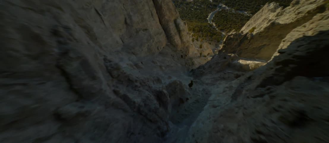 Aerial view going down a mountain