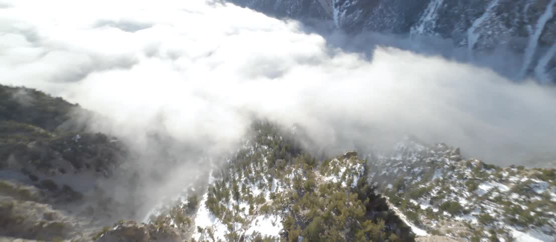 A mountain with trees snow and fog with the sky in the background