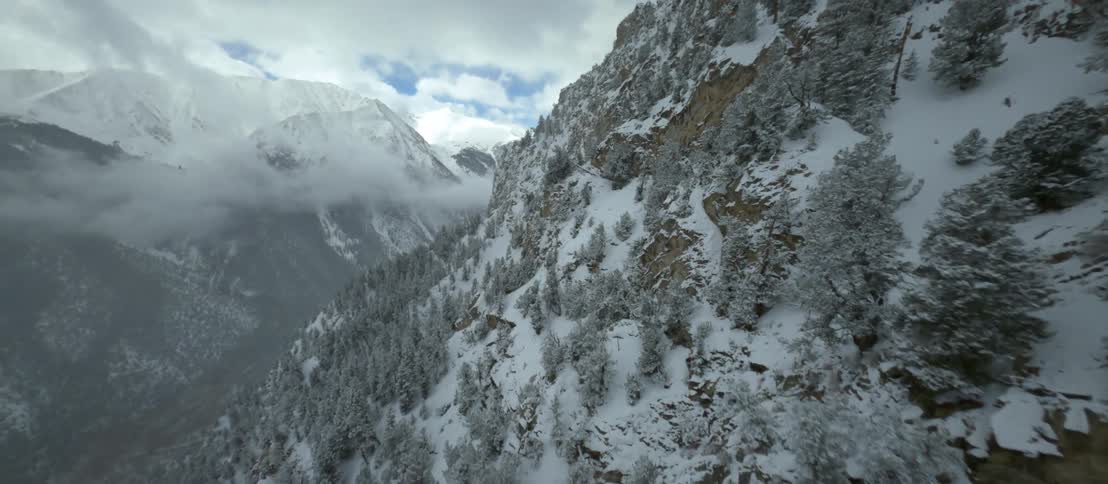 Snow covered mountains and trees sit under a cloudy sky
