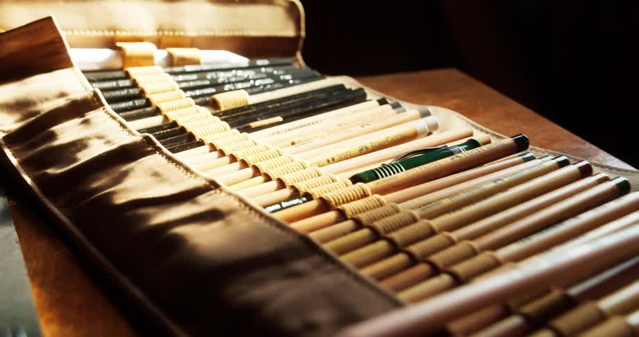 Colored pencils in a case on a table