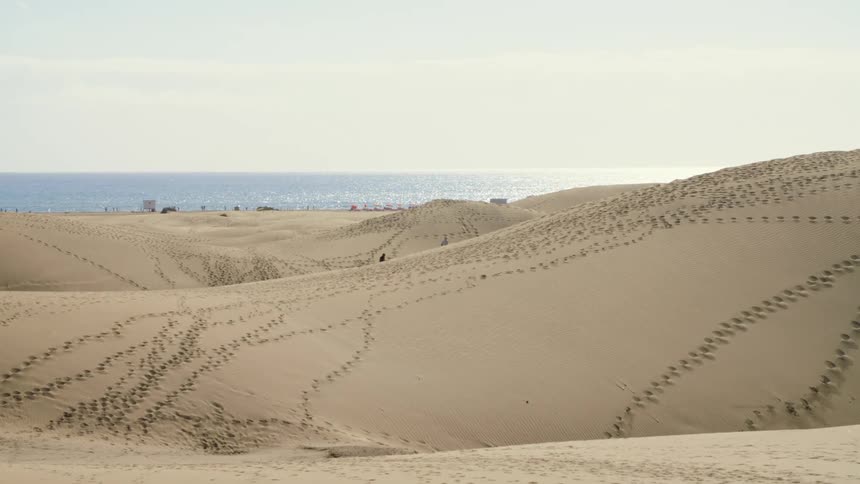 The dunes by the water are covered in foot prints