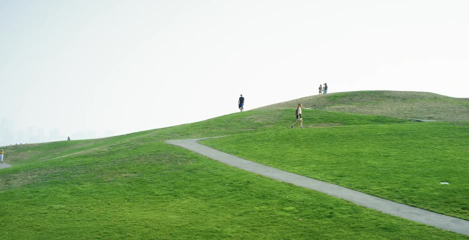 Numerous white people walk around a hilly public park