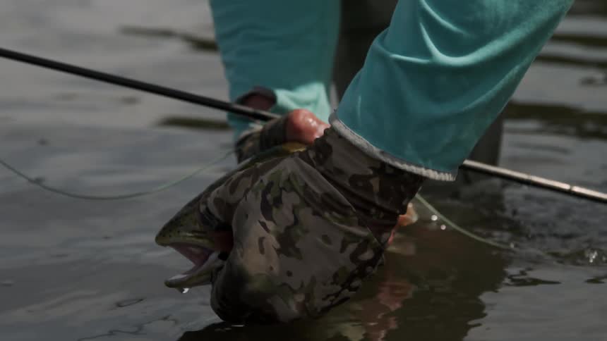 A white male fisherman handles a fish in a body of water
