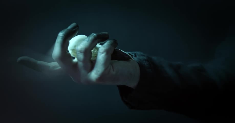 Hand with black fingers holds a bird skull in a dimly lit room