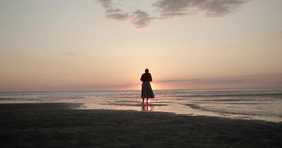 A person faces the ocean while standing in the wet sands of a beach at sunset