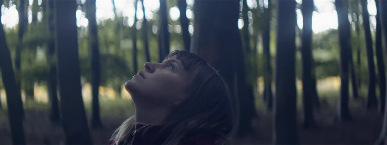 Woman stands in shadow of woods looking up