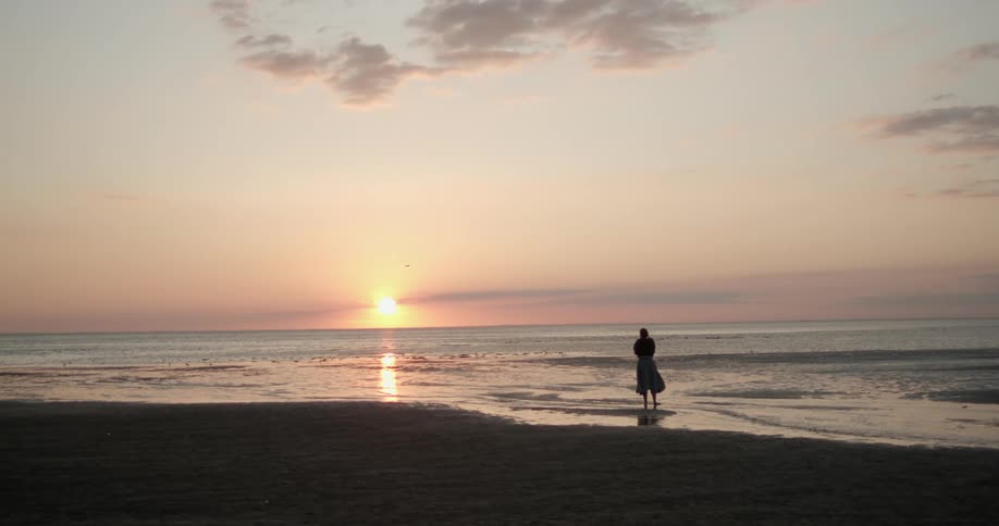 Woman stands on the wet sand of a beach looking at the sea at sunset