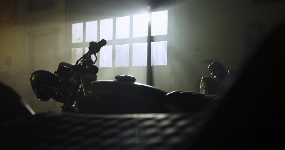 A motorcycle sitting inside