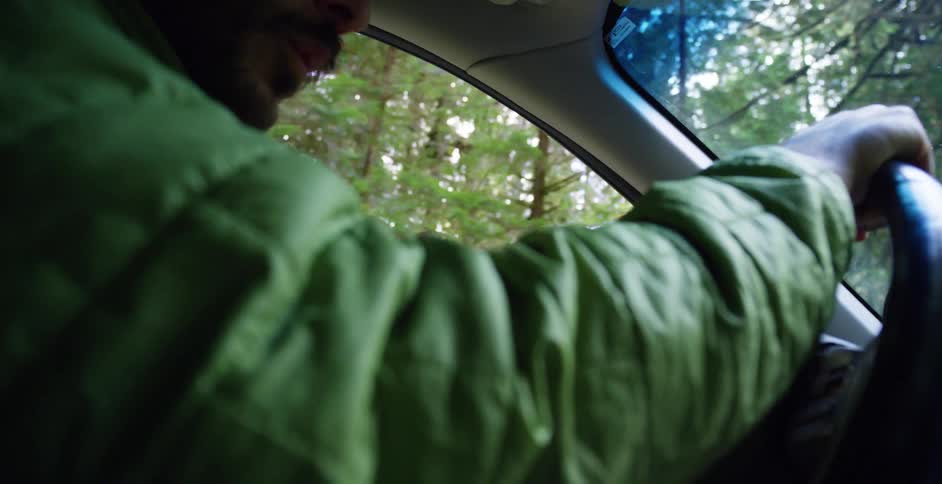 A man drives a car alongside a forest