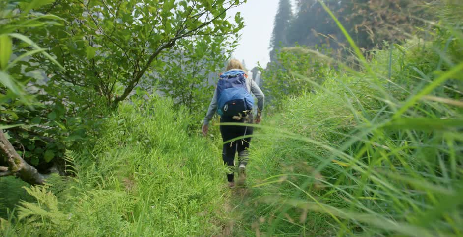 Two people walk through a narrow path between bushes