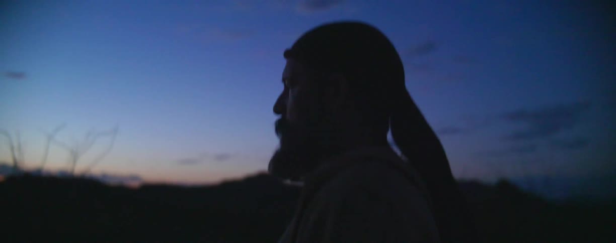 A man walks through a desert at dusk