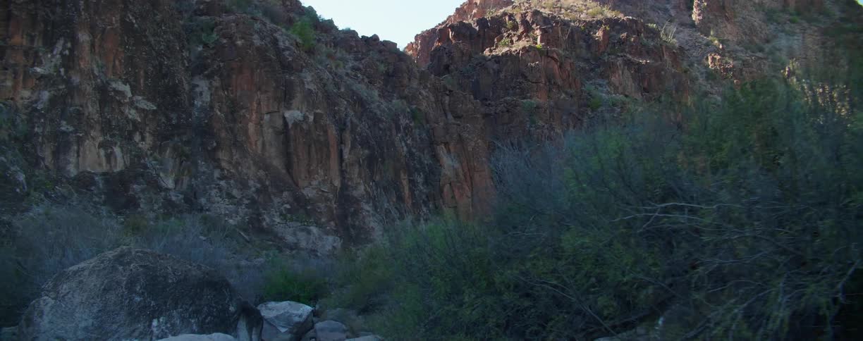 A rocky and rugged canyon with rocks and bushes in the shadow of a rocky ridge