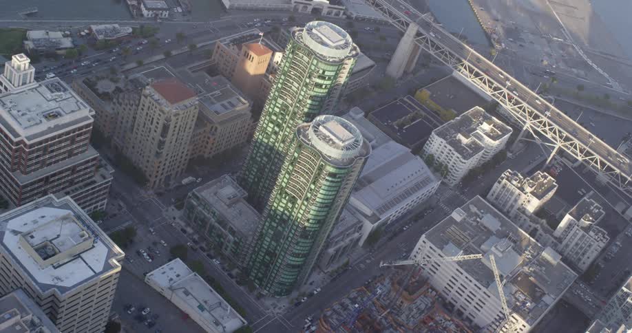 Aerial view of office buildings in a downtown area on the coast
