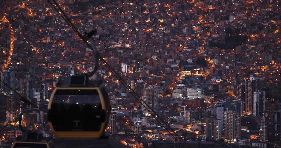 A gondola in front of a city skyline