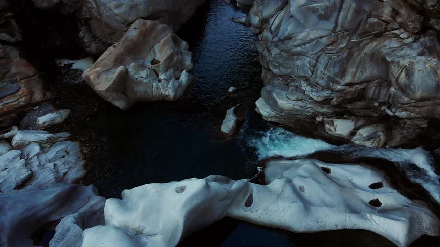 A river flowing between rocks and large canyons