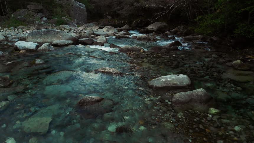 Water flows over rocks in a shallow river
