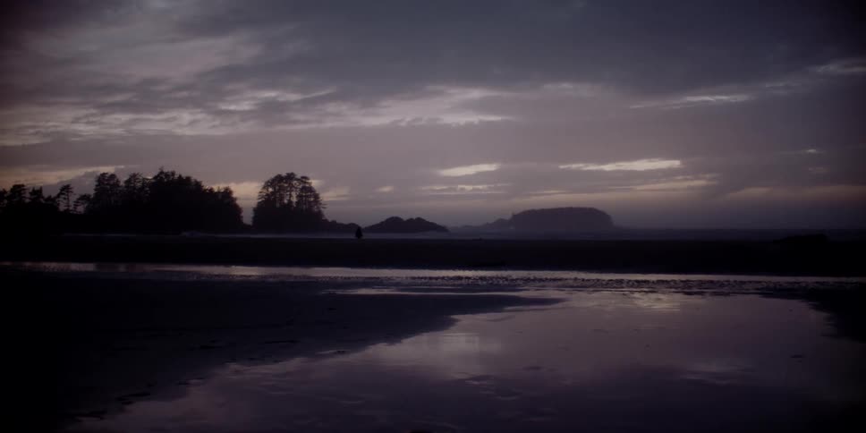 The silhouette of a person walking along the water as the surface reflects the purple gray sky and clouds