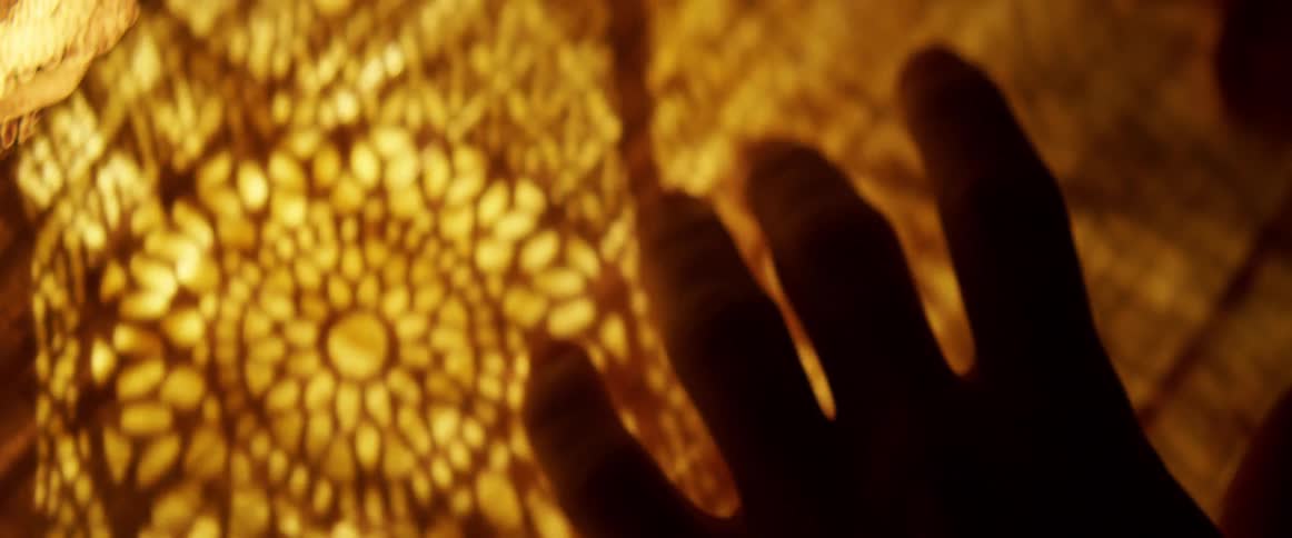 Hand slides over a piece of fabric with an ornate design