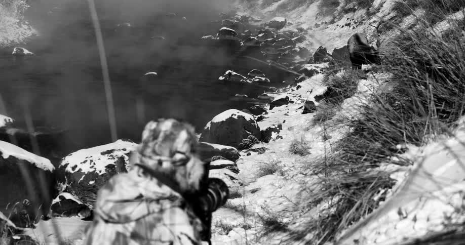 Person in camouflage cold weather gear photographs elk grazing by river