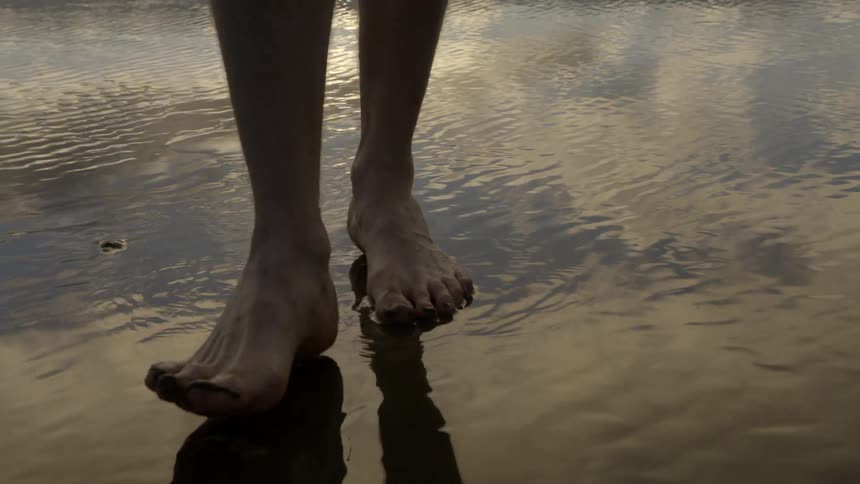 Person walking on a wet beach