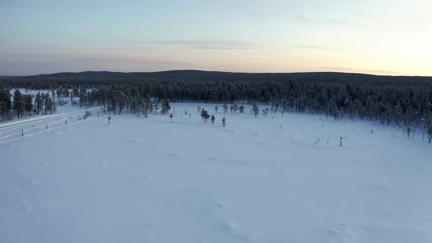 An aerial view of a snowy clearing in a forest at dawn