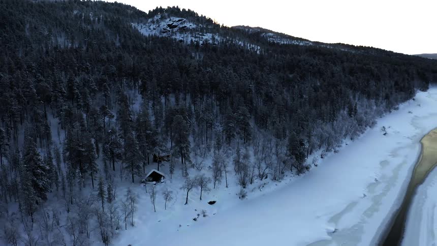Aerial view of a river between snow covered pine forest in the mountains at winter