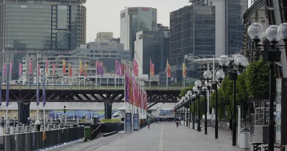 Wide walking path through large city downtown
