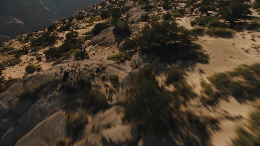 An aerial view of a mountain formation covered in trees is displayed