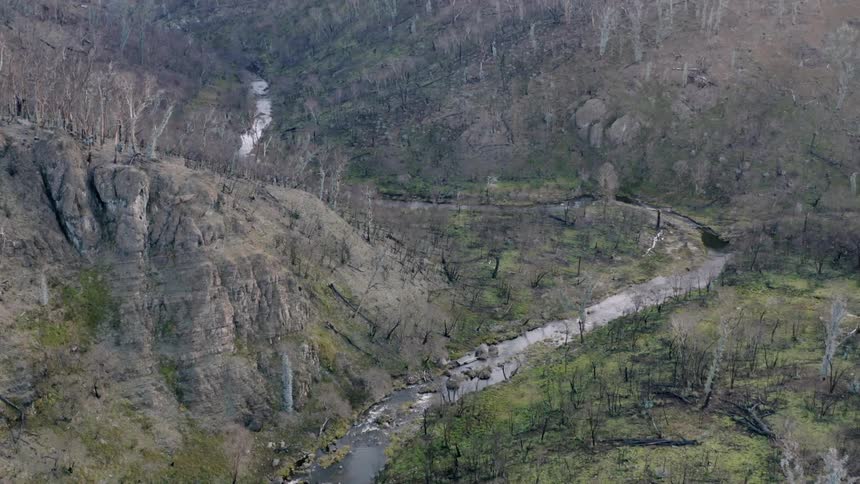 River winds through valley surrounded by leafless trees and grass