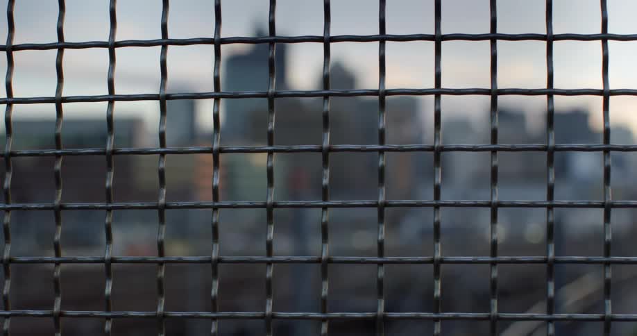 A close up of a fence shows a city behind it