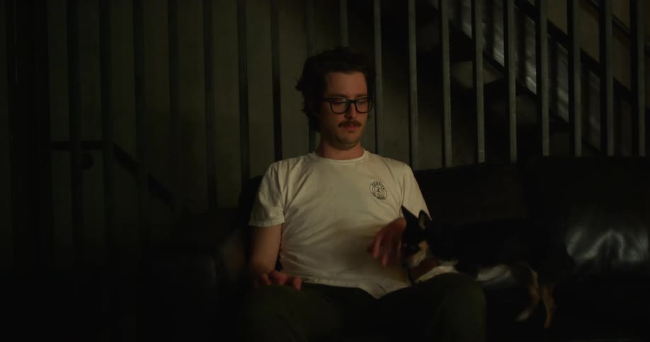 Dog climbs into owners lap on couch