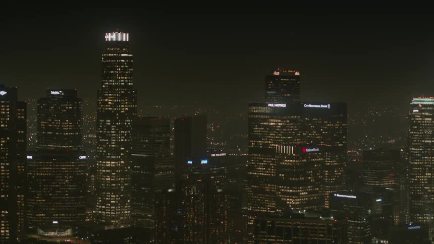 Skyline of the illuminated city with skyscrapers and tall buildings at night