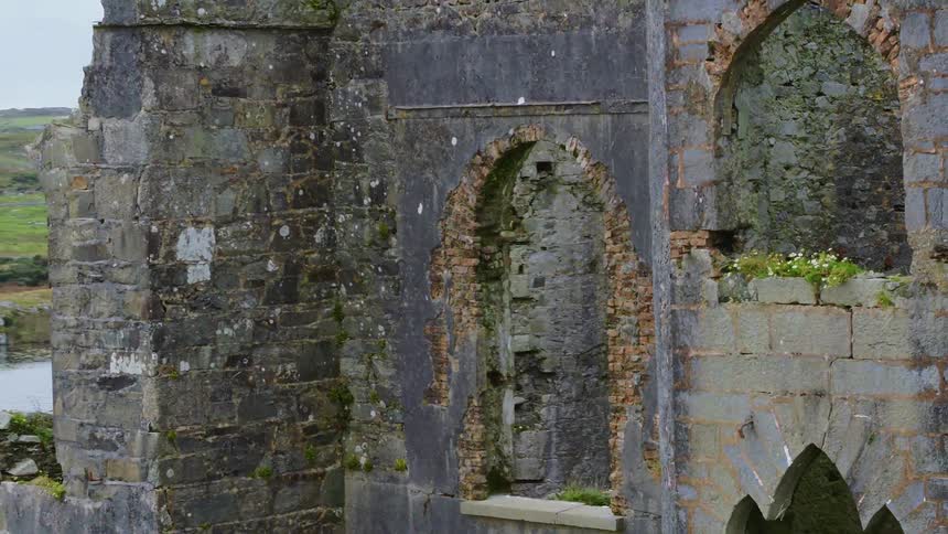 Castle ruins stand near some water
