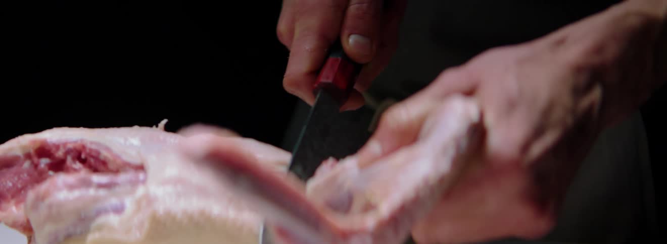 A chef is cutting up a bird in the kitchen