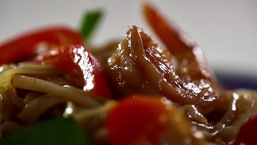Close up of a shrimp stir fry cuisine