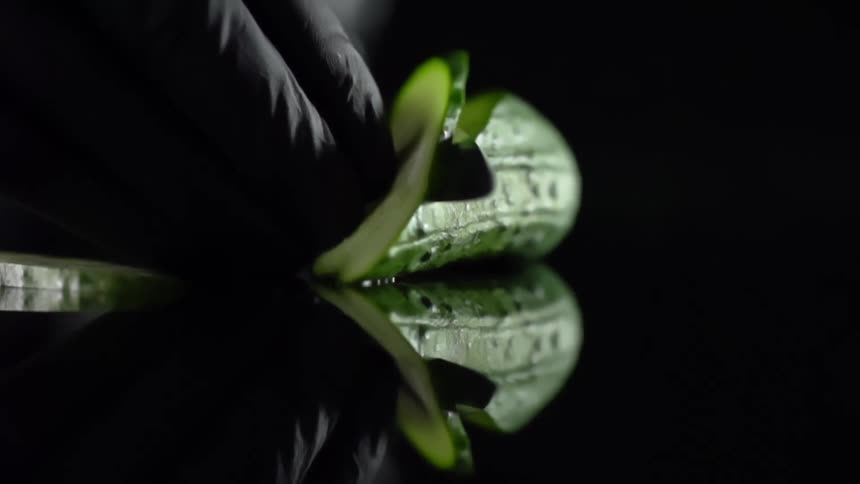A chef slices cucumber razor thin on a mirror surface while wearing black gloves