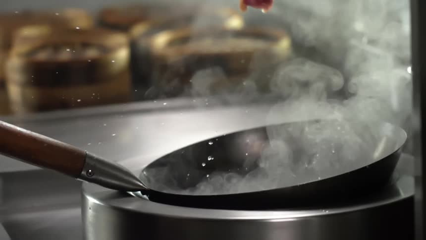 Chopped meat being dropped in the steaming hot oil inside a wok