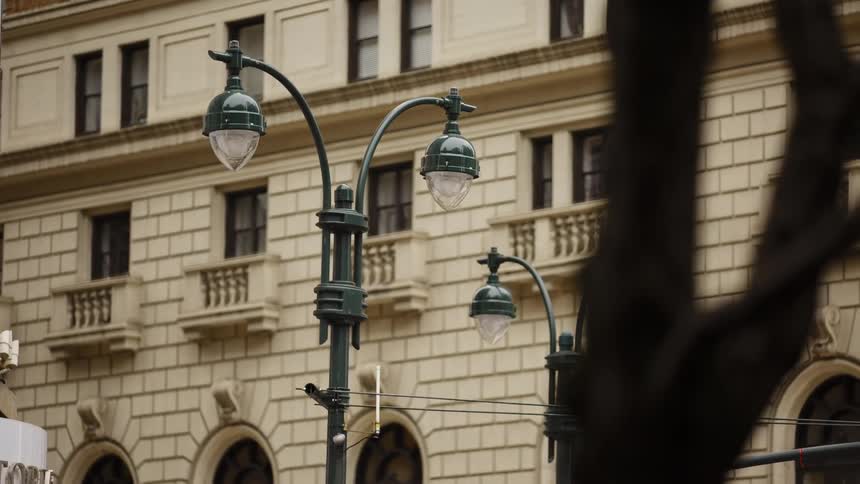 Street lights in front of an apartment building