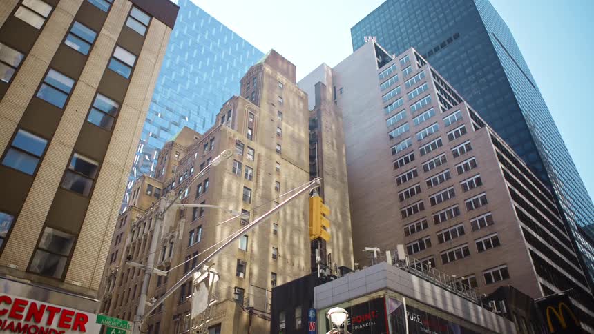 A bird flies over a city street with skyscrapers and buildings behind