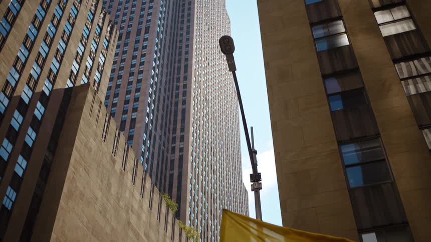 City street with tall office buildings in downtown