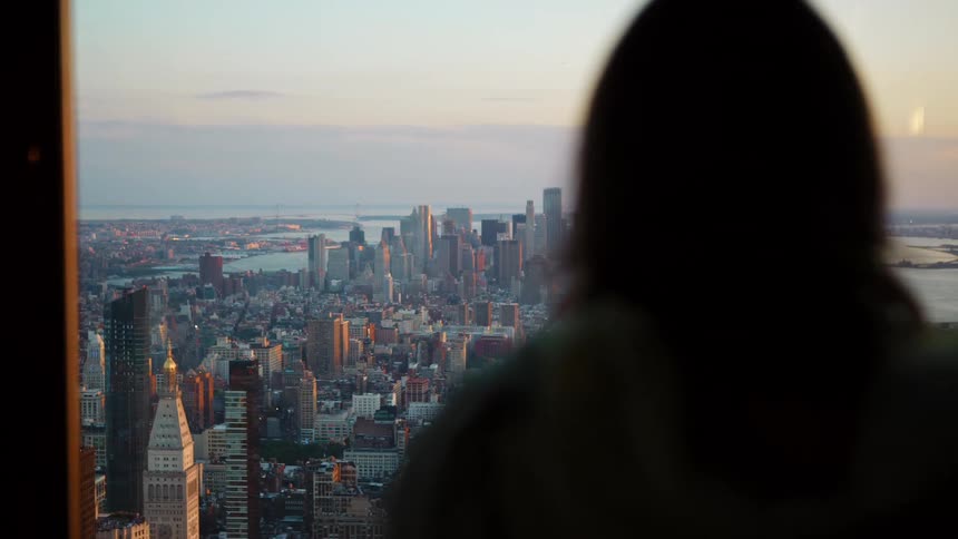 Rear view of a woman looking out the high rise office window at big city skyline with tall buildings and skyscrapers on the horizon at dusk