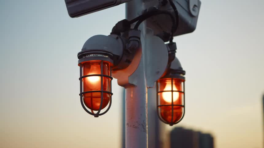 Dim orange light bulbs surrounded by protective metal cages on a pool in a city at sunset