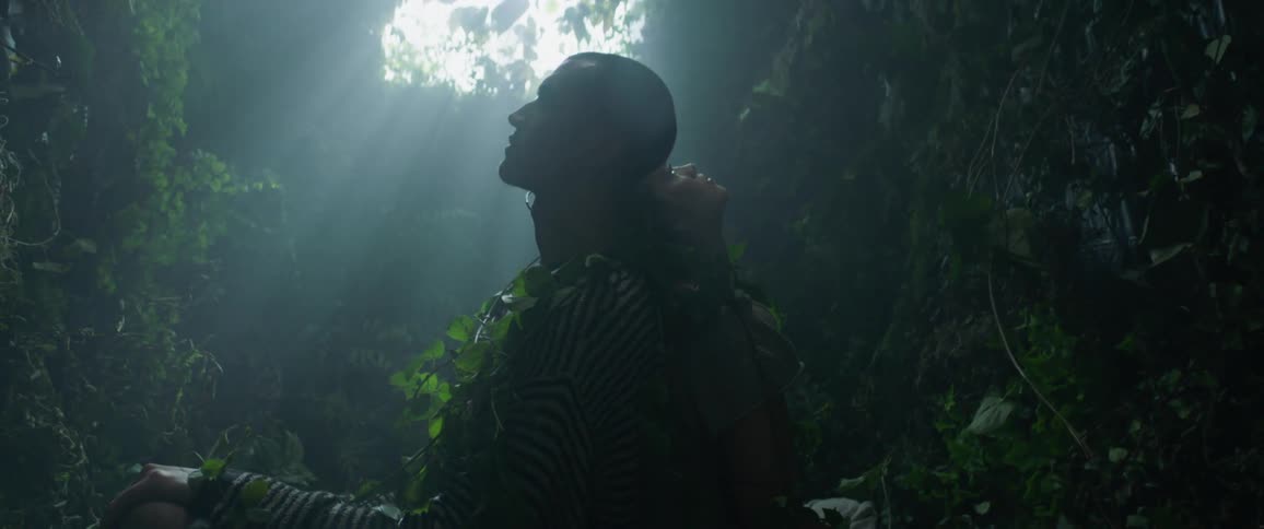 Man and woman covered in leaves stand in the woods with sun shining down