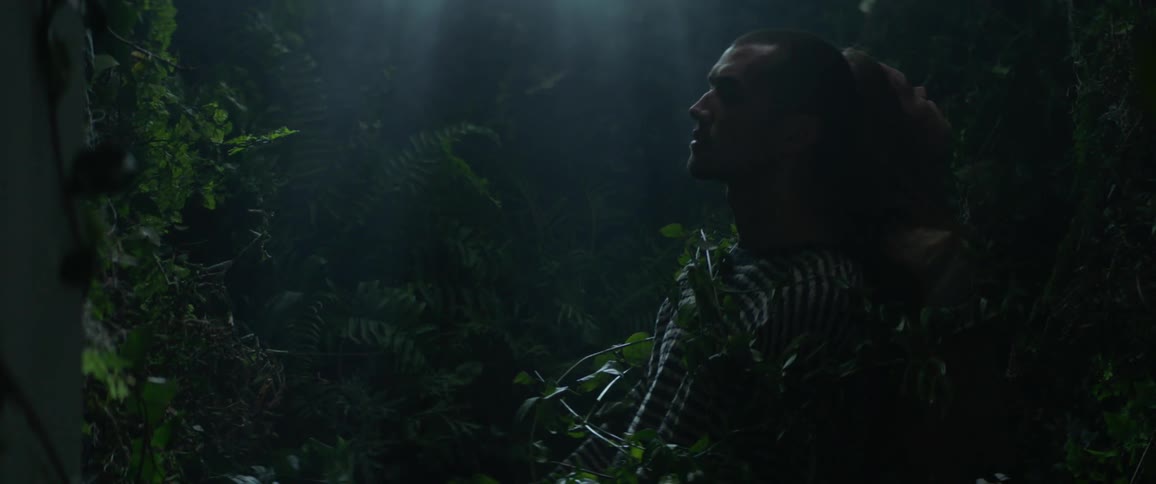 Man and woman covered in leaves stand in the woods