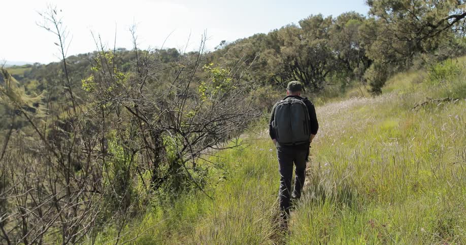 A man with a backpack walks over a grass path