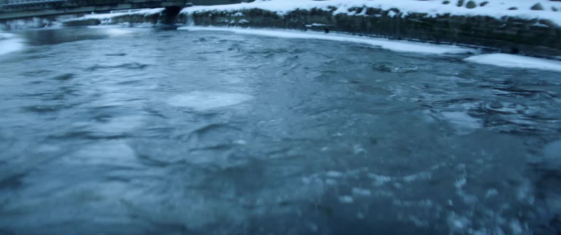 The ice floats down the small stream