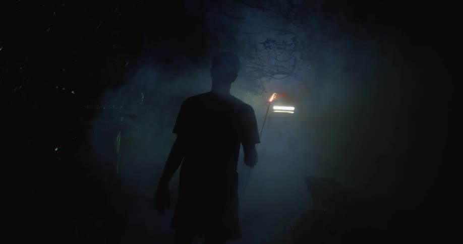 A man carrying a stick that is on fire walks through a wooded area at night