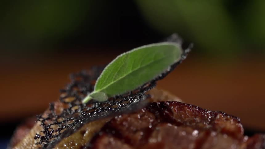 Green leaf falls over caramel mesh atop grilled meat