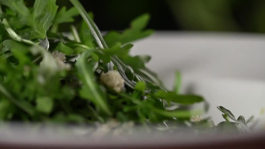 An arugula salad on a white glass plate has additional ingredients sprinkled on top of it